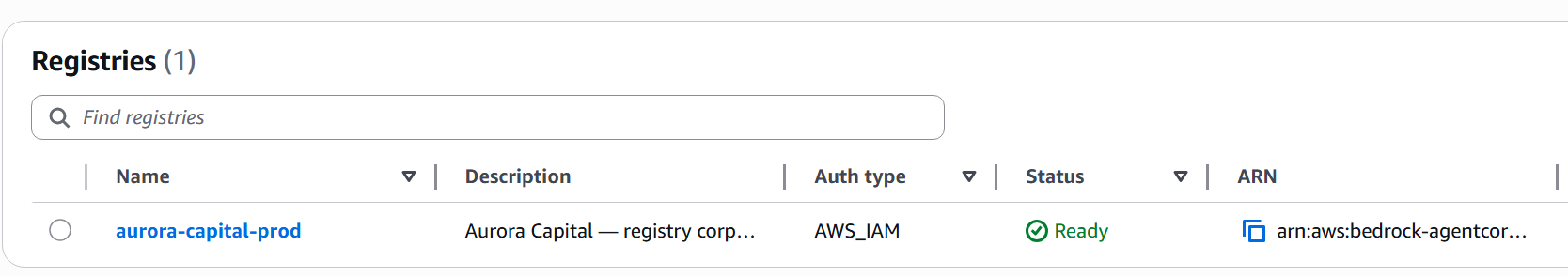 Registry Aurora Capital creado con status Ready
