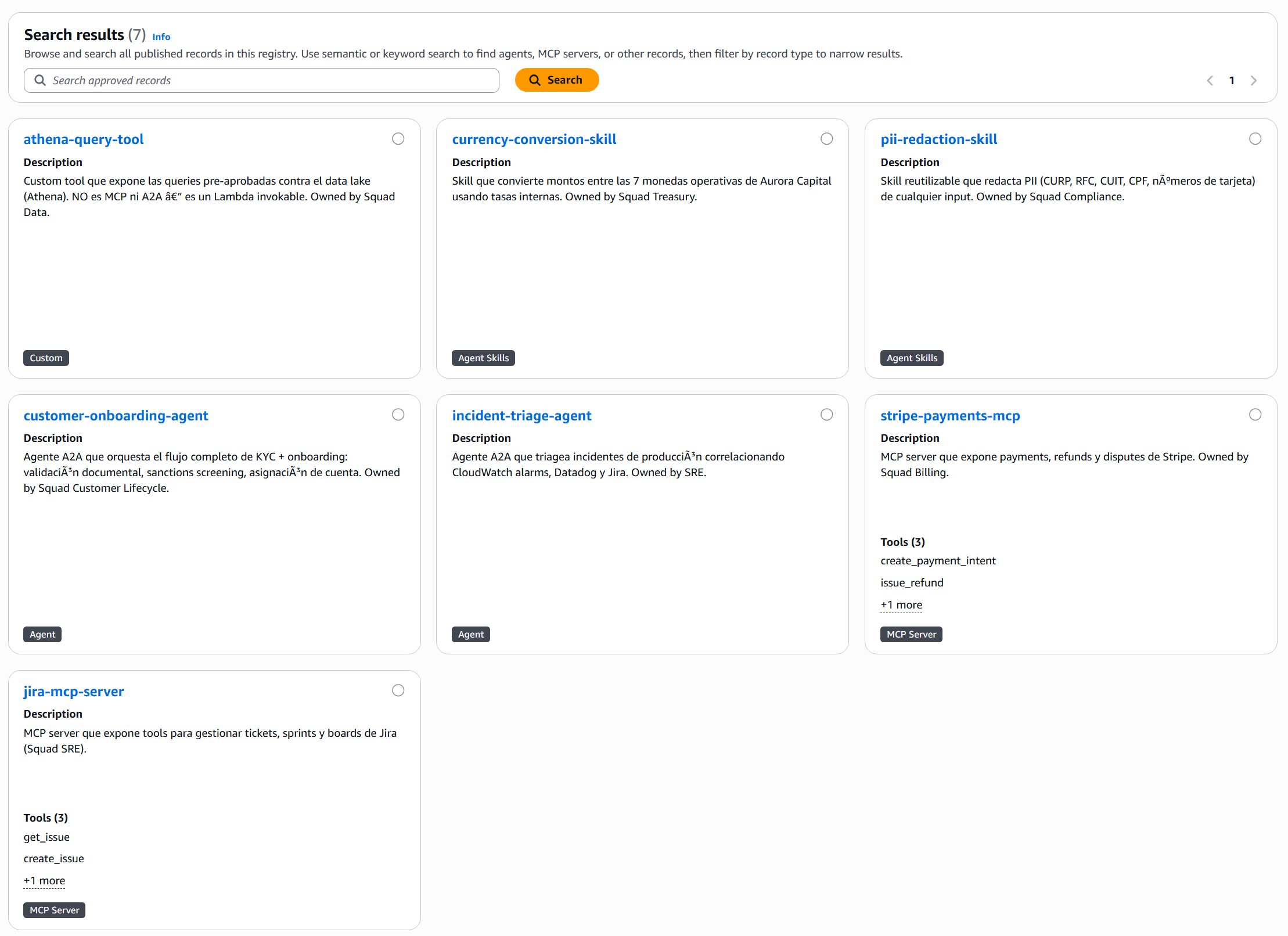 Resultados de búsqueda en la consola con 7 records aprobados