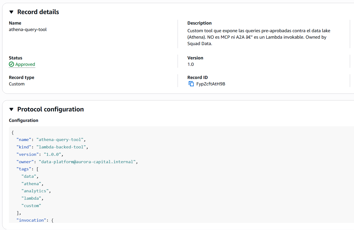 Detalle del athena-query-tool con detalles del record y configuración del protocolo completa