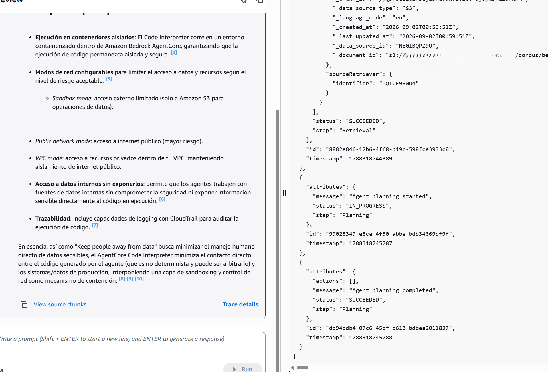 Trace crudo de AgenticRetrieveStream mostrando un step Retrieval con status SUCCEEDED, seguido de dos eventos Planning donde el segundo devuelve actions: [] con status SUCCEEDED