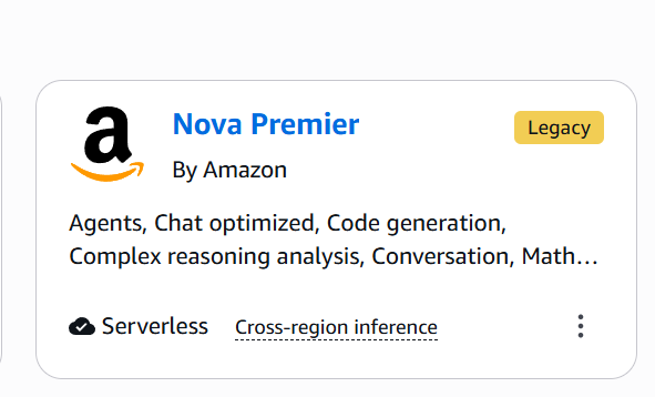 Tarjeta de Nova Premier en el catálogo de modelos de Amazon Bedrock mostrando la etiqueta Legacy