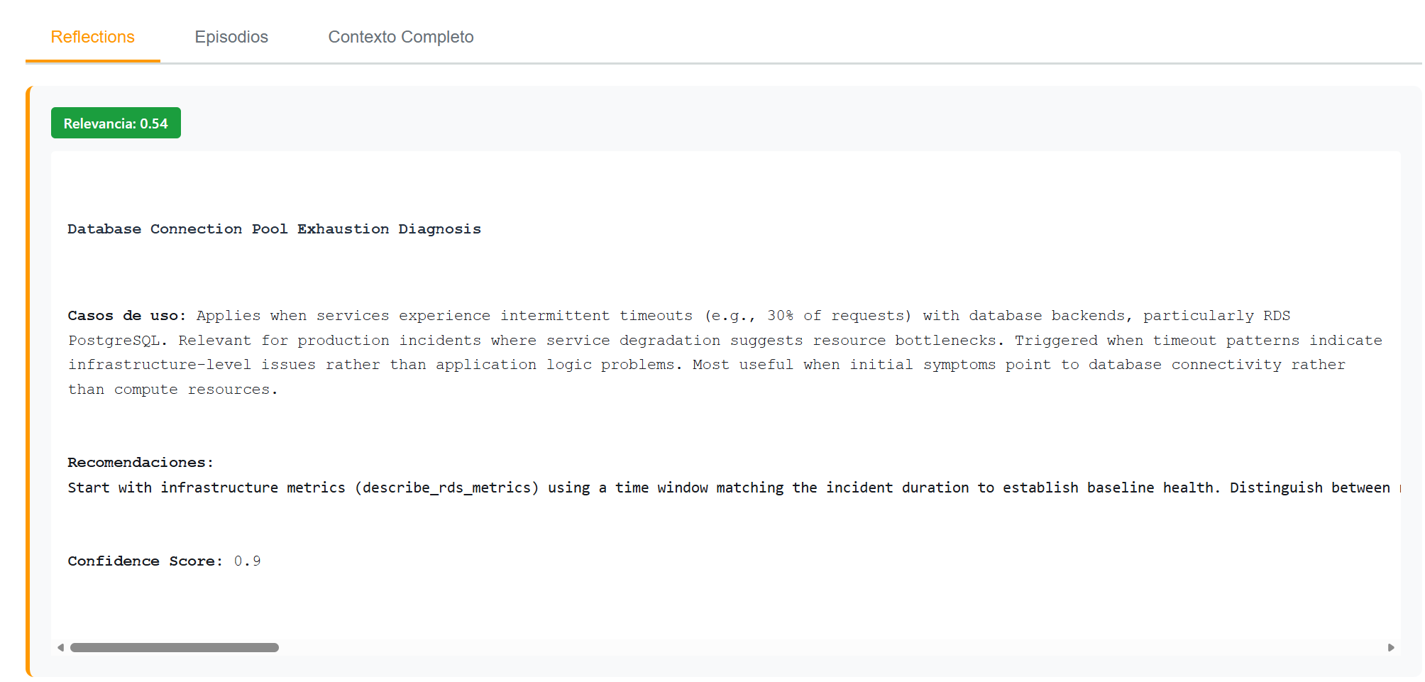 Reflections para query sin memoria relevante — scores 0.38 y 0.37