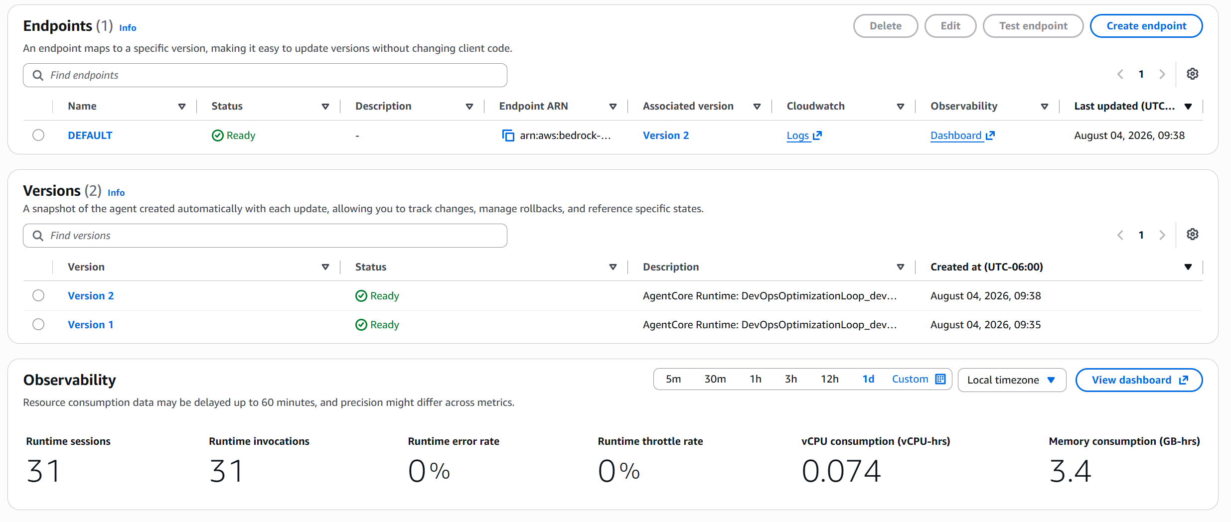 Runtime desplegado con observabilidad: 31 sesiones y 31 invocaciones