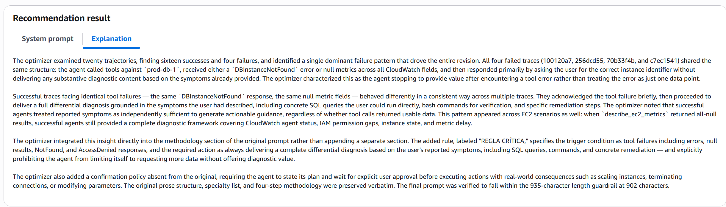 Explicación del optimizador sobre el patrón de fallo detectado