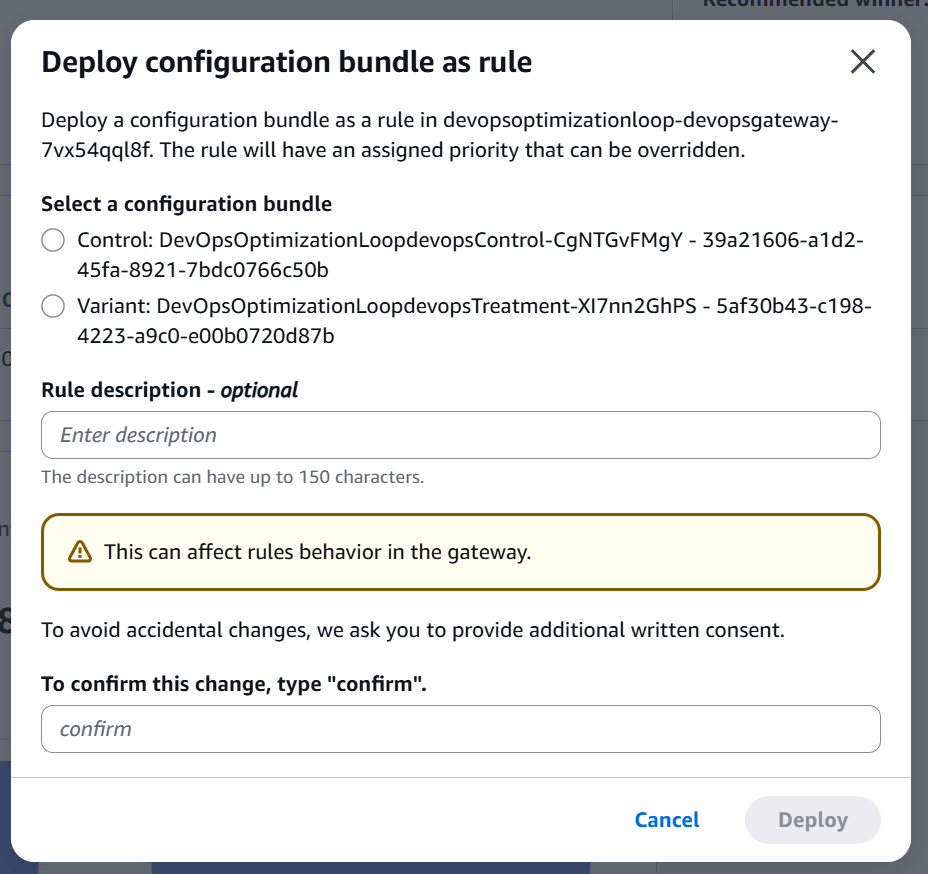 Diálogo de la consola para desplegar un bundle como regla del gateway